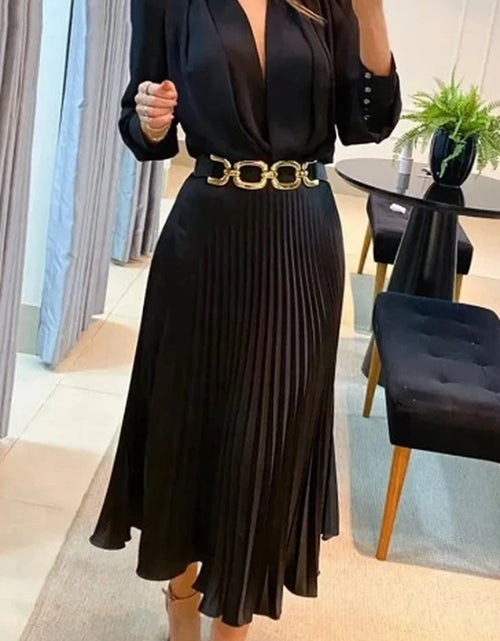 Load image into Gallery viewer, Elegant Women&#39;S Dress 2024 New Temperament Commuting Solid Color Loose Long Sleeve Sexy Deep V-Neck Pullover Pleated Dress
