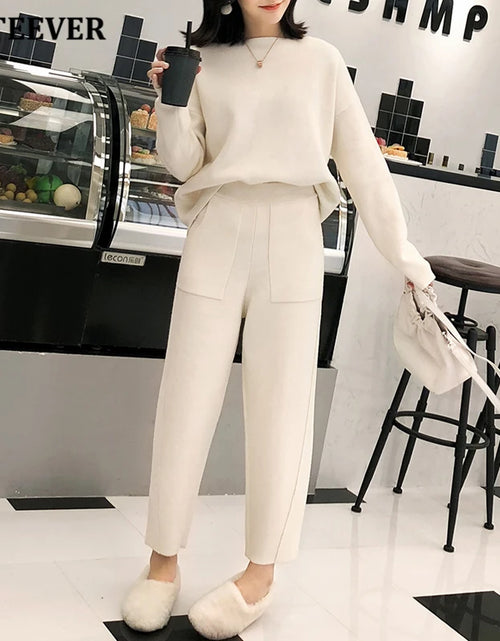 Load image into Gallery viewer, 2021 Winter Casual Thick Sweater Tracksuits O-Neck Jumpers &amp; Elastic Waist Pants Suit Female Knitted 2 Pieces Set
