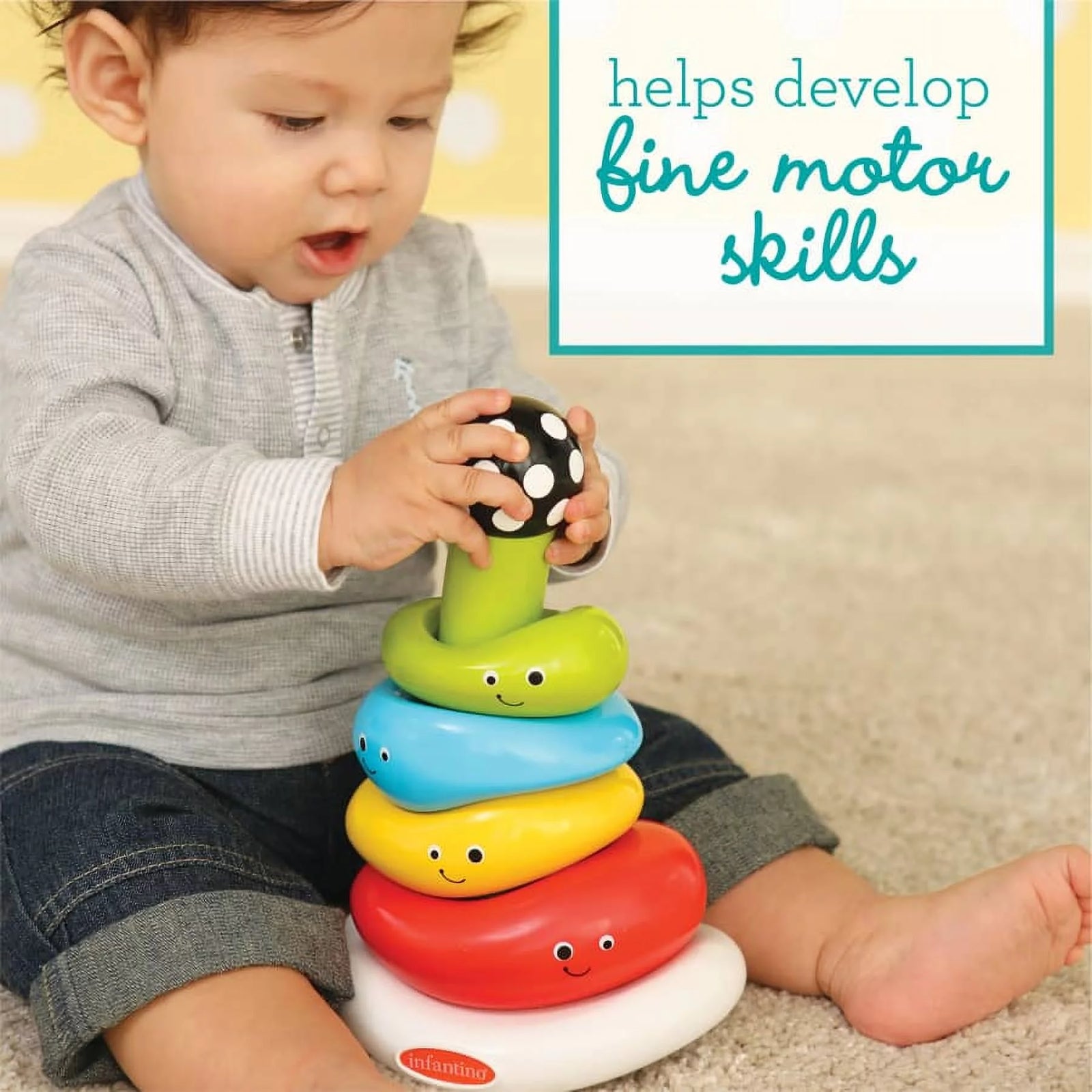 Funny Faces Ring Stacking Toy with Rocking Base, 6-12 Months, Multicolor, 7-Piece