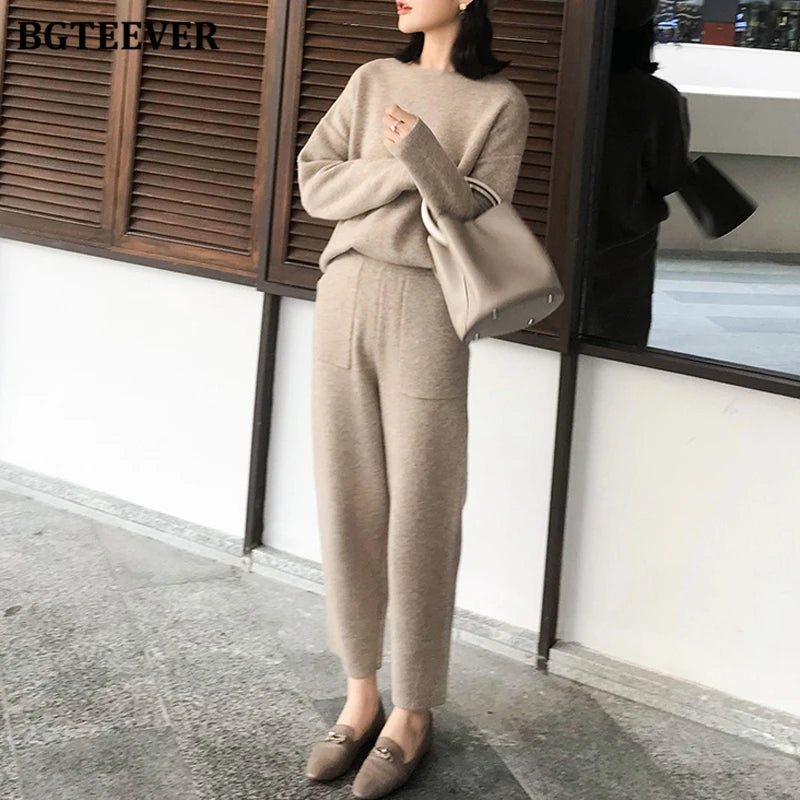 2021 Winter Casual Thick Sweater Tracksuits O-Neck Jumpers & Elastic Waist Pants Suit Female Knitted 2 Pieces Set