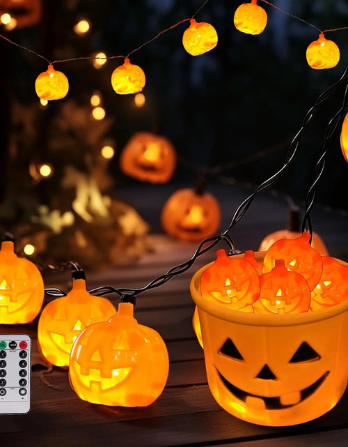 Load image into Gallery viewer, Halloween Pumpkin String Lights with Pumpkin Candy Bucket, 30 LED 16.4Ft, 8 Modes Timer Waterproof Orange Jack-O-Lantern, Outdoor and Indoor Halloween Decorations
