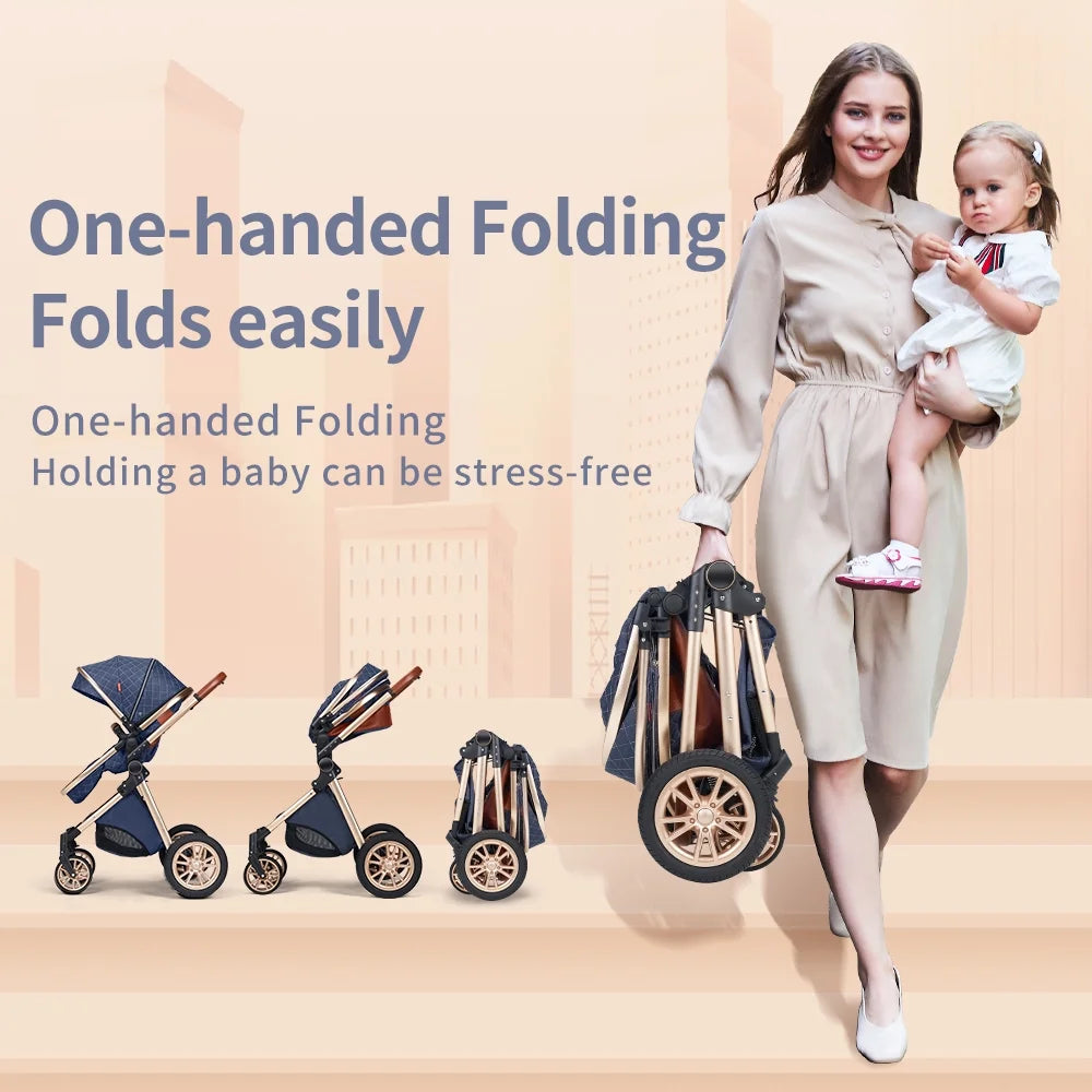 High Landscape Baby Stroller Folding Aluminum Newborn Pram,Unisex,Brown