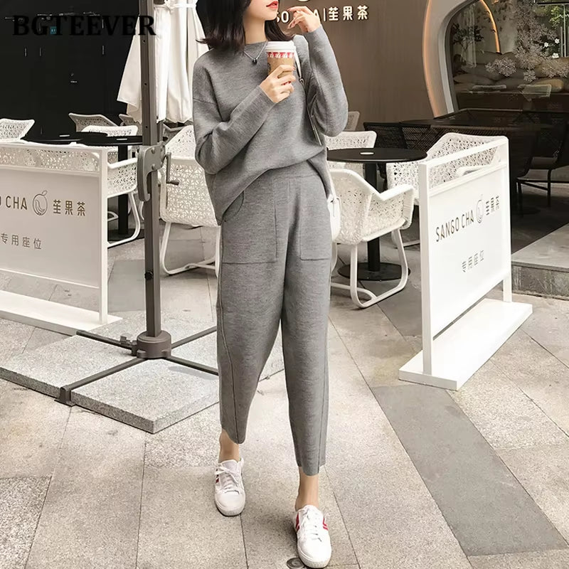 2021 Winter Casual Thick Sweater Tracksuits O-Neck Jumpers & Elastic Waist Pants Suit Female Knitted 2 Pieces Set