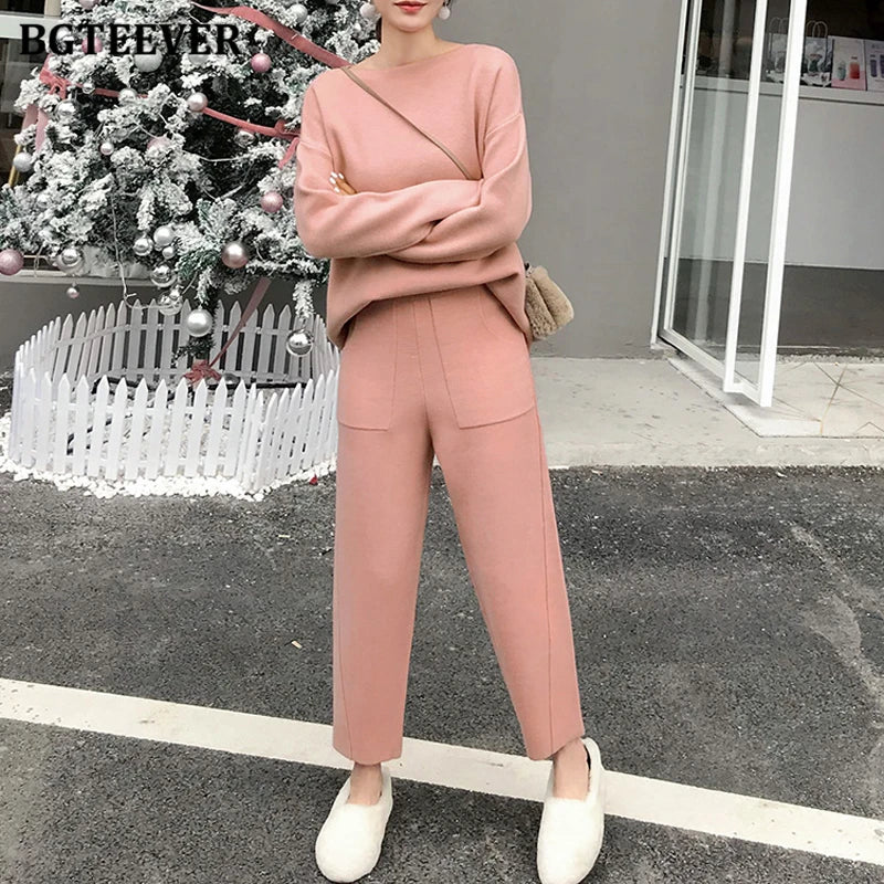 2021 Winter Casual Thick Sweater Tracksuits O-Neck Jumpers & Elastic Waist Pants Suit Female Knitted 2 Pieces Set